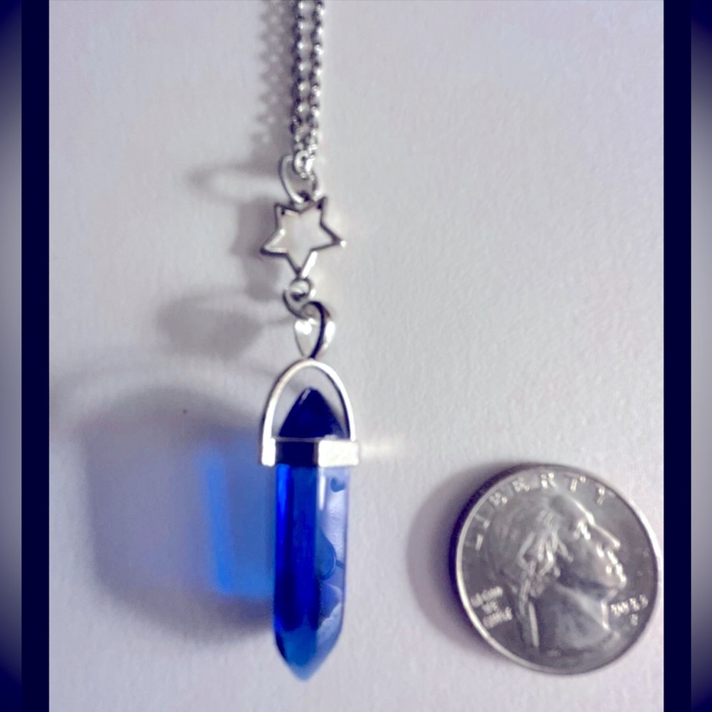NWOT Necklace Cobalt Blue Glass Point Pendant W Star, 18” Silver Chain